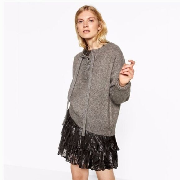 Zara Lace Up Oversized Sweater With Wool in Grey Size S - Picture 3 of 13